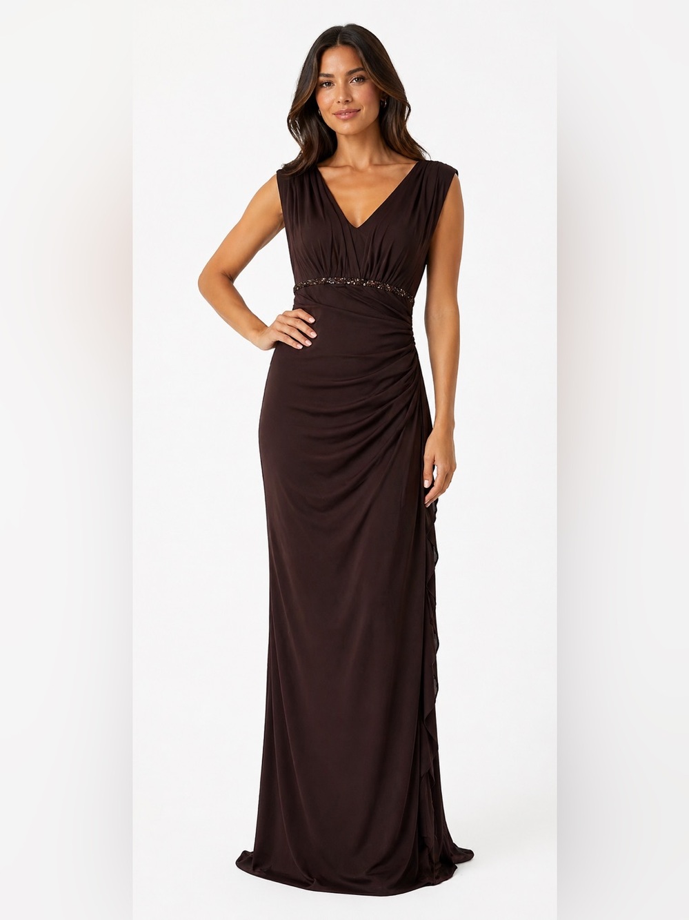 Beautiful formal cocoa brown with embellishments bodice side hidden zipper